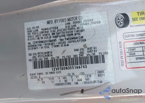 2005 Ford Mustang z USA, uszkodzony, nr VIN 1ZVFT80N355166743